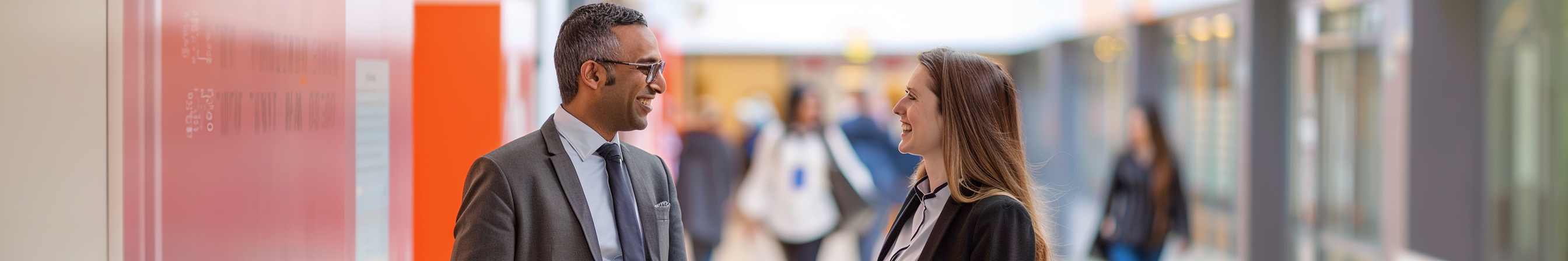 Professionally-dressed people in a school corridor